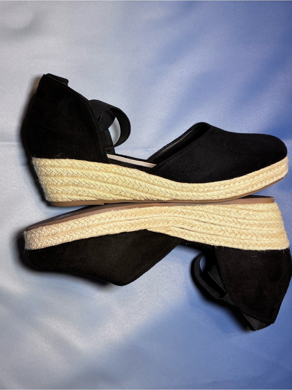 Black Espadrille Wedge Sandals with Elastic Ankle Strap